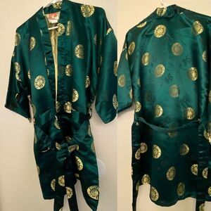 Emerald green Dragon gold medallion Asian Chinese Robe kimono OS